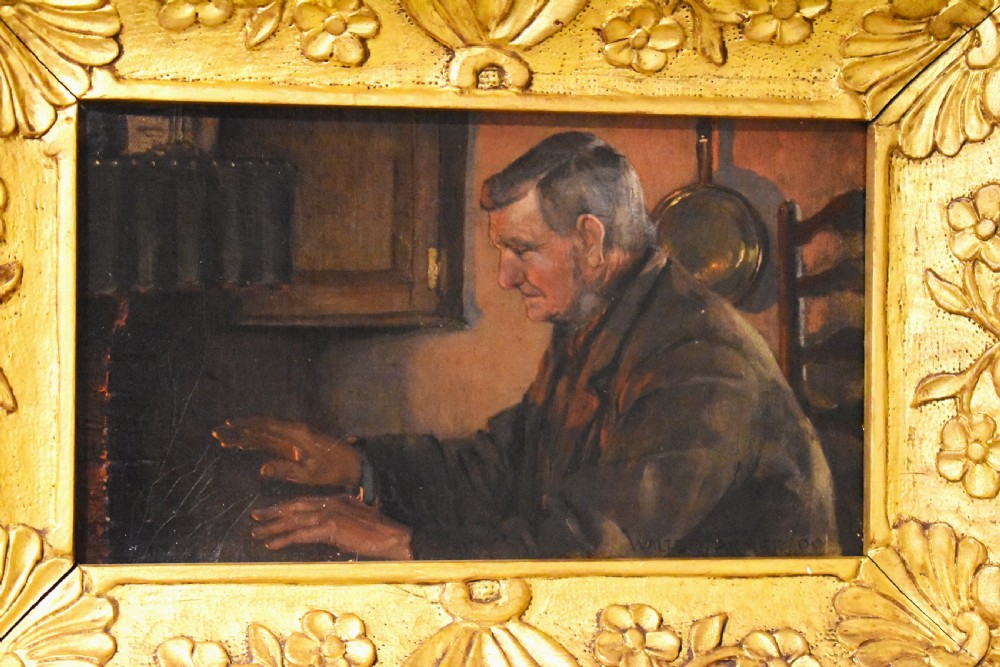 Oil painting titled ‘Grateful Warmth’ by Walter Farmer 1870-1947 View II