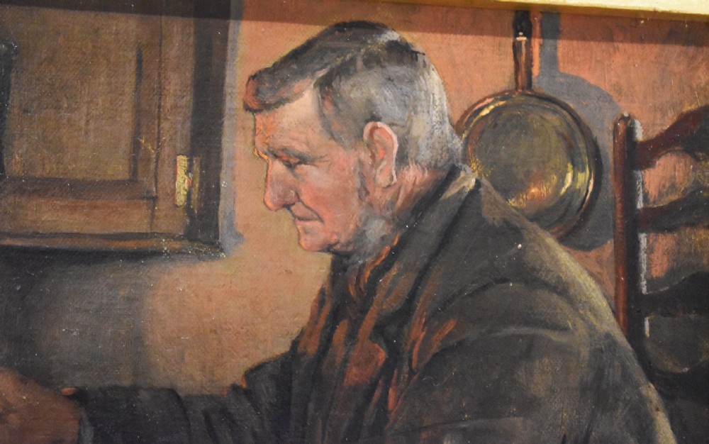 Oil painting titled ‘Grateful Warmth’ by Walter Farmer 1870-1947 View III