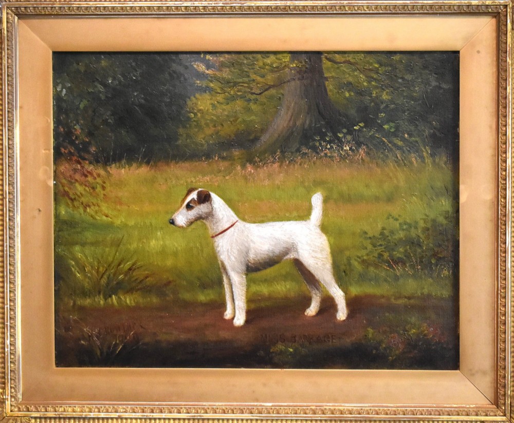 An oil painting of a white terrier standing in profile in a green field within a gilded frame. View III