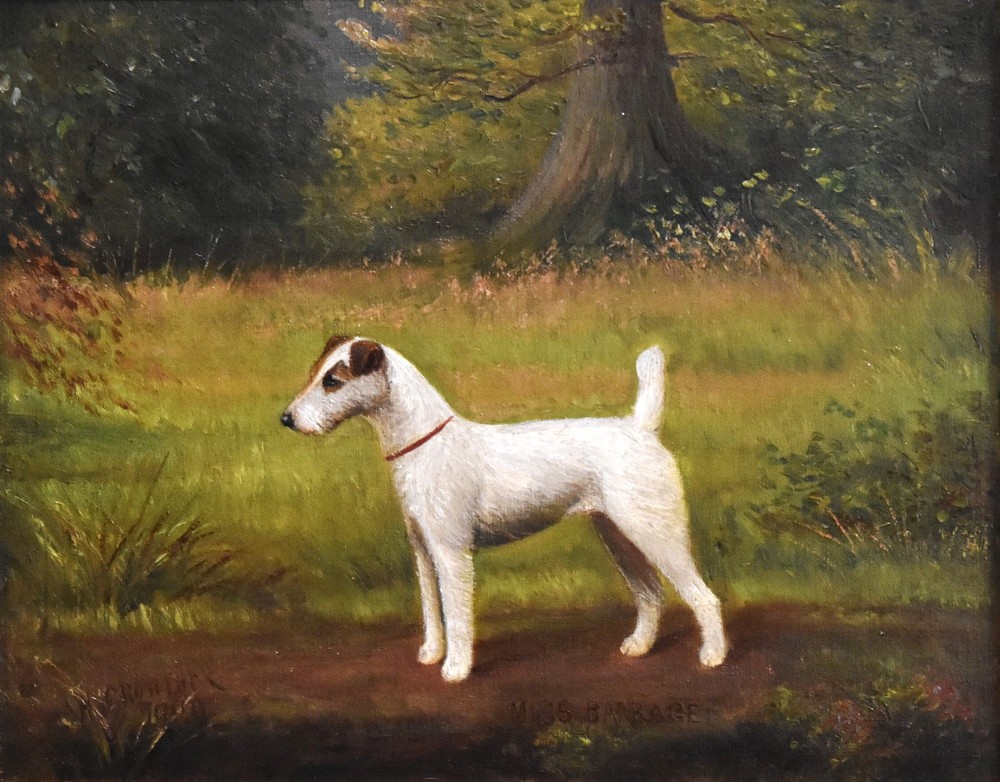 An oil painting of a white terrier standing in profile in a green field within a gilded frame. View IV