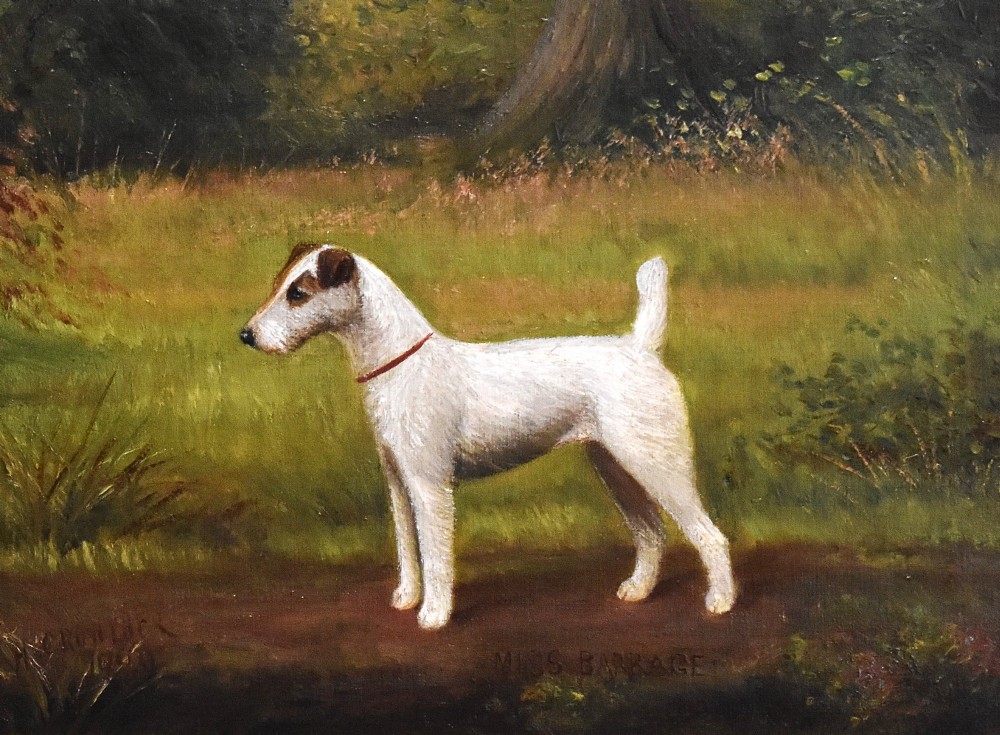 An oil painting of a white terrier standing in profile in a green field within a gilded frame. View V