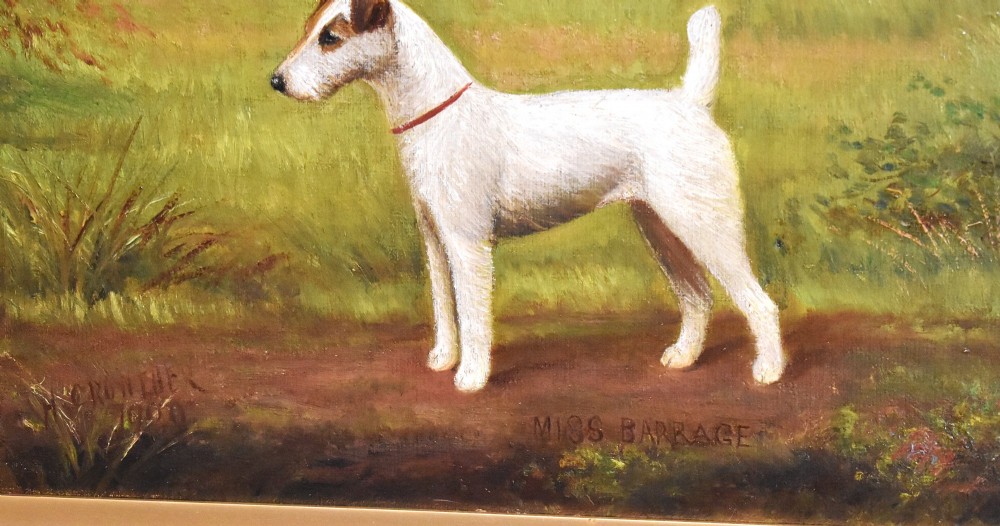 An oil painting of a white terrier standing in profile in a green field within a gilded frame. View VI
