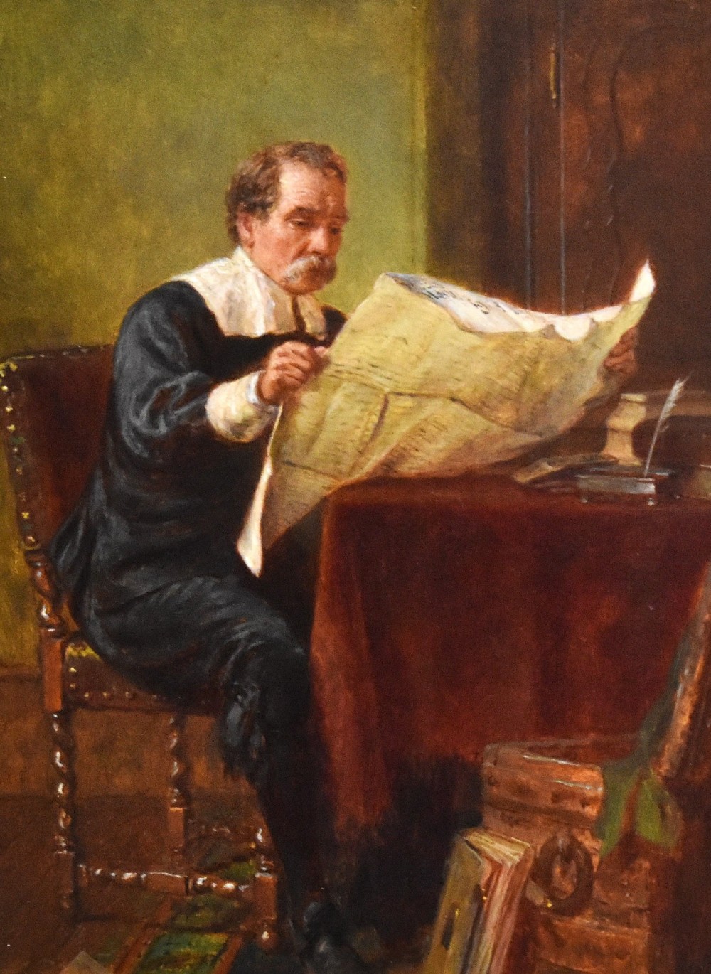 A 19th-century oil painting by John Watkins Chapman depicting a man in historic dress reading at a desk, mounted inside a gilded frame. View IV