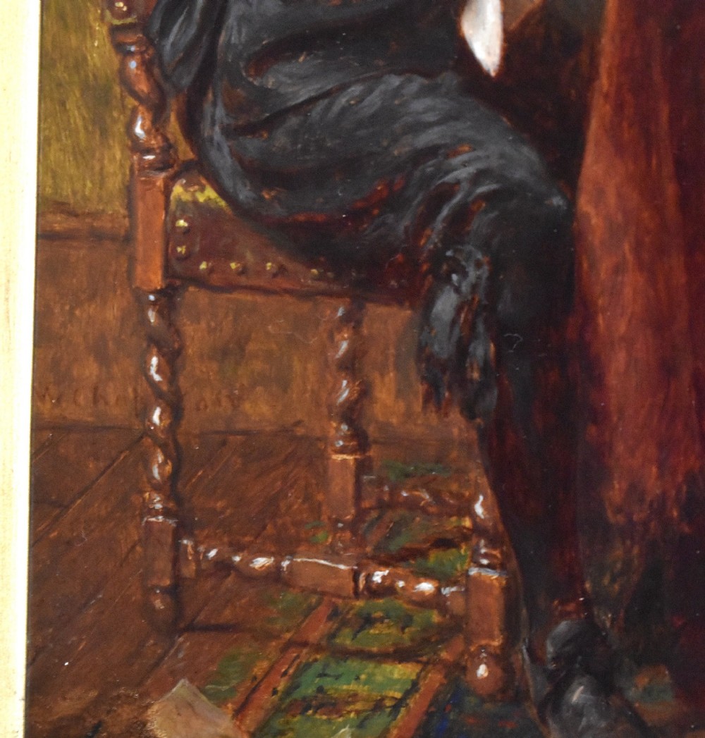 A 19th-century oil painting by John Watkins Chapman depicting a man in historic dress reading at a desk, mounted inside a gilded frame. View V