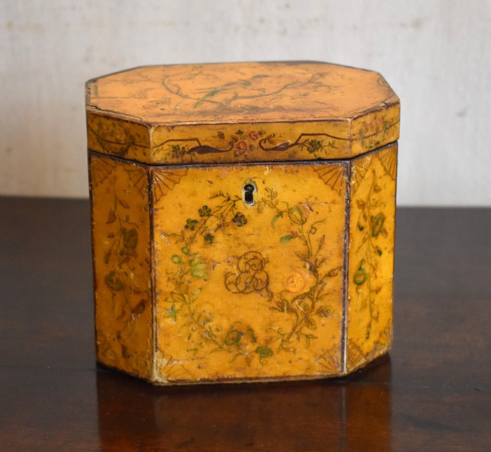 Georgian painted penwork tea caddy