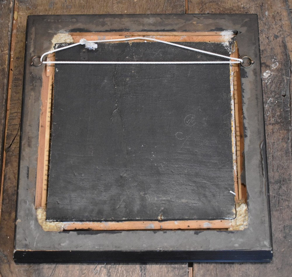 An antique Georgian painted wooden coach panel featuring a heraldic coat of arms within a thick dark mahogany frame. View IV
