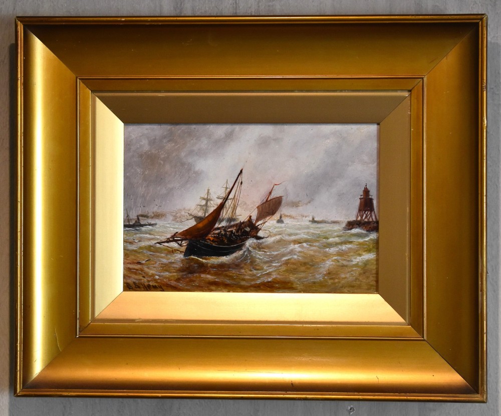 A framed 19th-century marine oil painting depicting sailing vessels navigating choppy seas near a beacon under a cloudy sky. View II