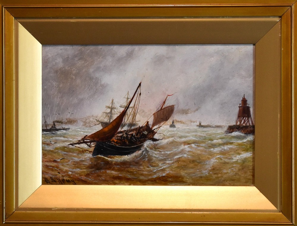 A framed 19th-century marine oil painting depicting sailing vessels navigating choppy seas near a beacon under a cloudy sky. View III