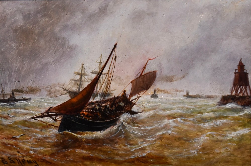 A framed 19th-century marine oil painting depicting sailing vessels navigating choppy seas near a beacon under a cloudy sky. View IV