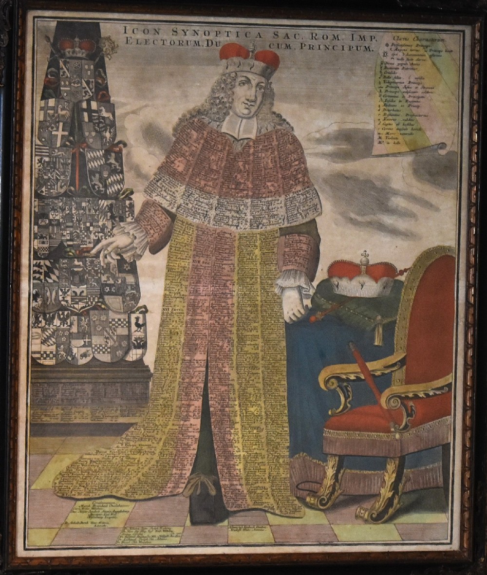 An 18th-century framed print featuring a standing figure in ceremonial robes alongside heraldic shields and Latin text. View III