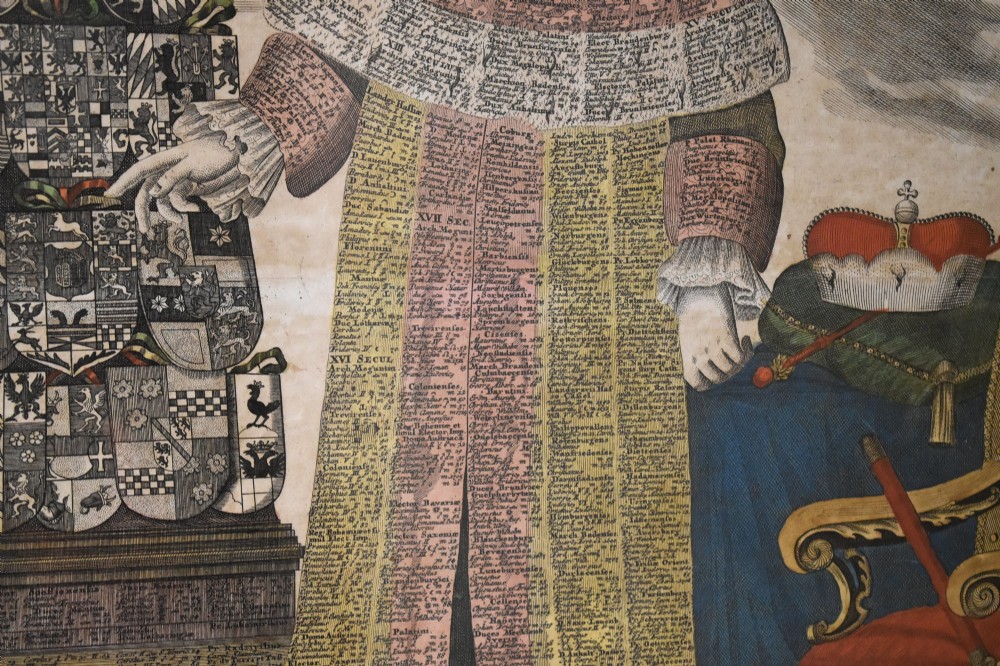 An 18th-century framed print featuring a standing figure in ceremonial robes alongside heraldic shields and Latin text. View VI