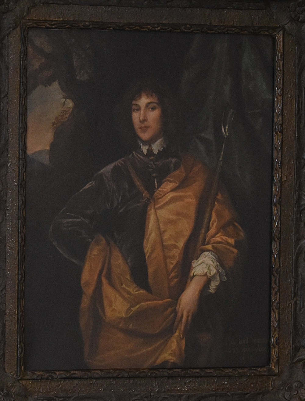 A framed portrait print depicting Philip, Lord Wharton, draped in an amber cloak against a dark background, set within a carved dark wood frame. View III