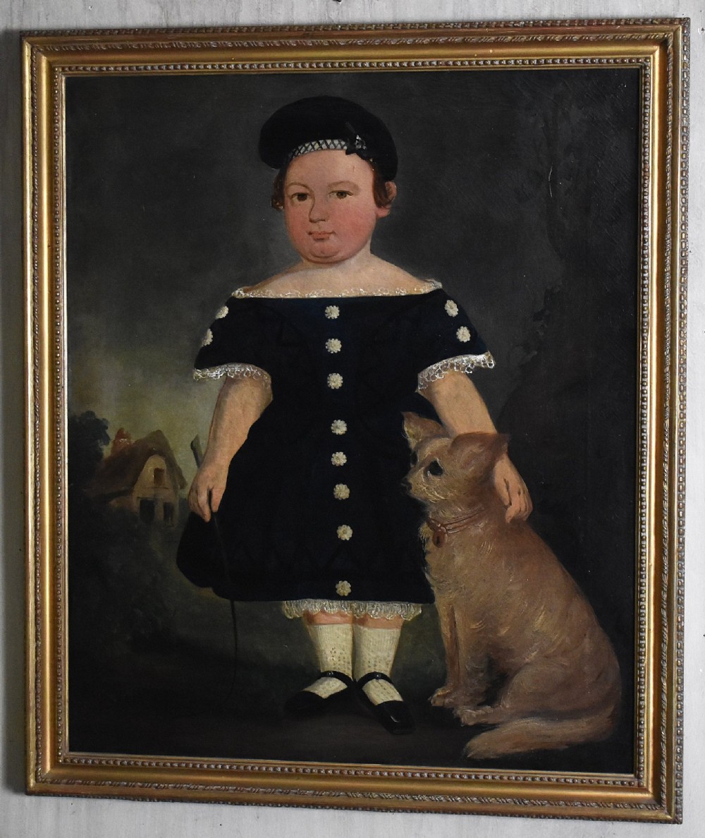 A 19th-century Victorian folk-art oil painting depicting a young child in a dark dress standing beside a small brown dog, enclosed in a gilded wooden frame. View II