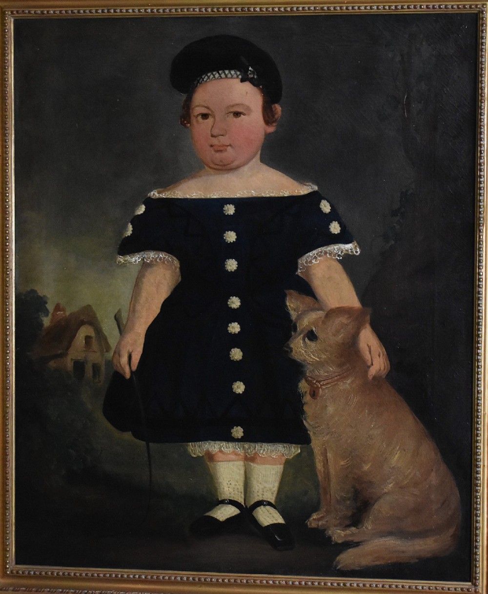 A 19th-century Victorian folk-art oil painting depicting a young child in a dark dress standing beside a small brown dog, enclosed in a gilded wooden frame. View III