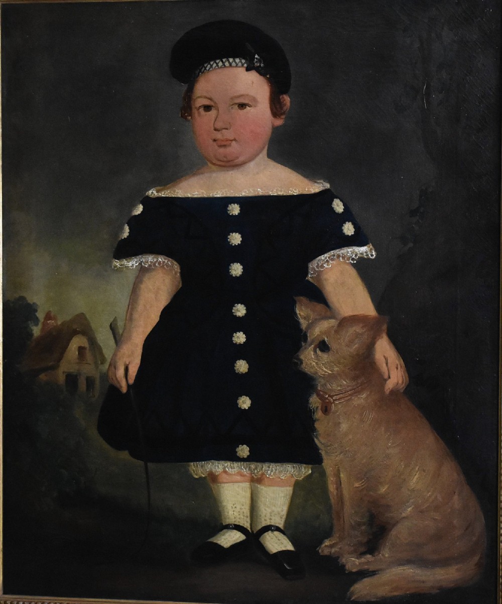 A 19th-century Victorian folk-art oil painting depicting a young child in a dark dress standing beside a small brown dog, enclosed in a gilded wooden frame. View IV