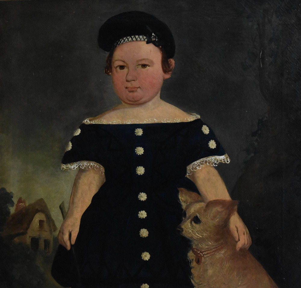 A 19th-century Victorian folk-art oil painting depicting a young child in a dark dress standing beside a small brown dog, enclosed in a gilded wooden frame. View V