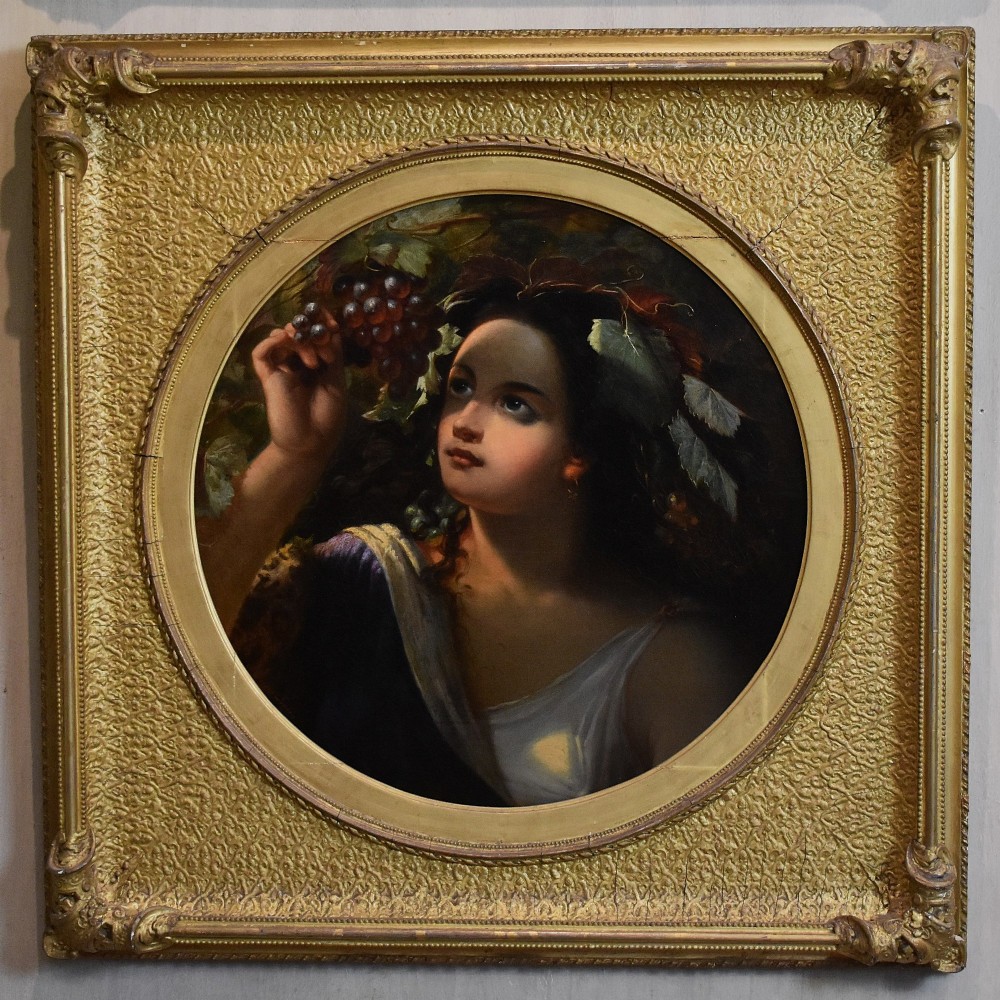 A pair of 19th-century oil paintings depicting classical female figures in circular apertures within square gilt frames. View III