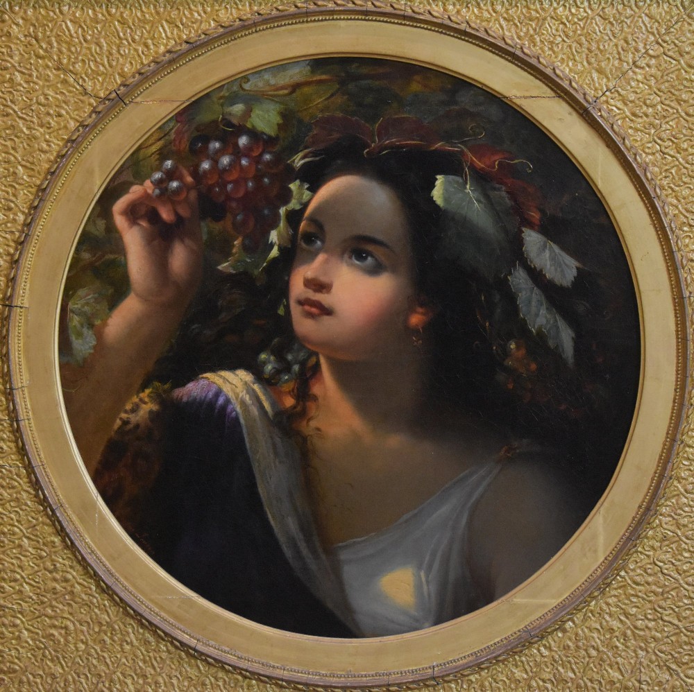 A pair of 19th-century oil paintings depicting classical female figures in circular apertures within square gilt frames. View IV