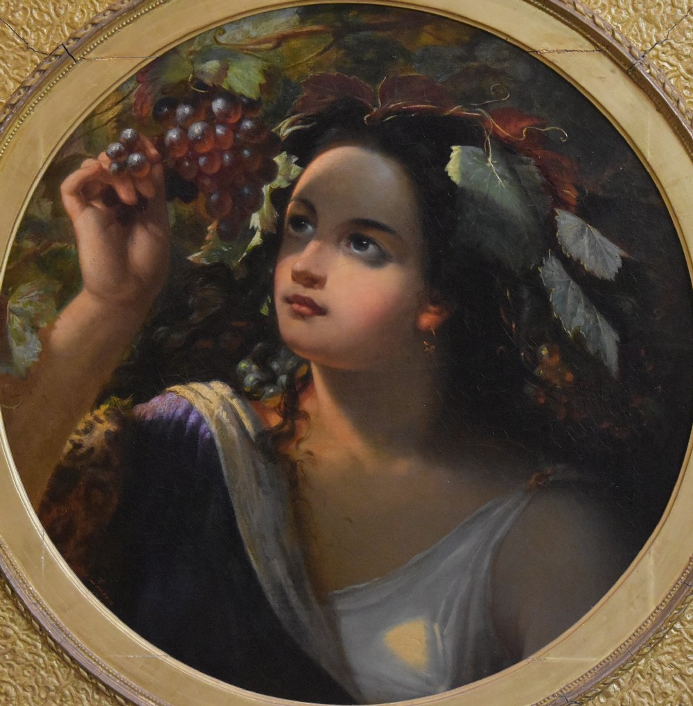 A pair of 19th-century oil paintings depicting classical female figures in circular apertures within square gilt frames. View V