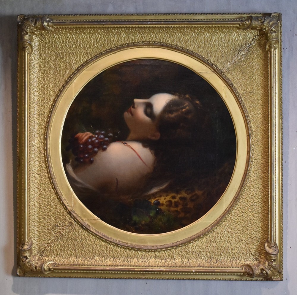 A pair of 19th-century oil paintings depicting classical female figures in circular apertures within square gilt frames. View VI