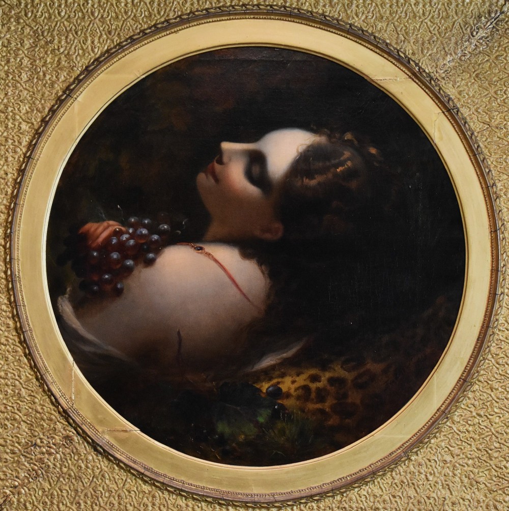 A pair of 19th-century oil paintings depicting classical female figures in circular apertures within square gilt frames. View VII