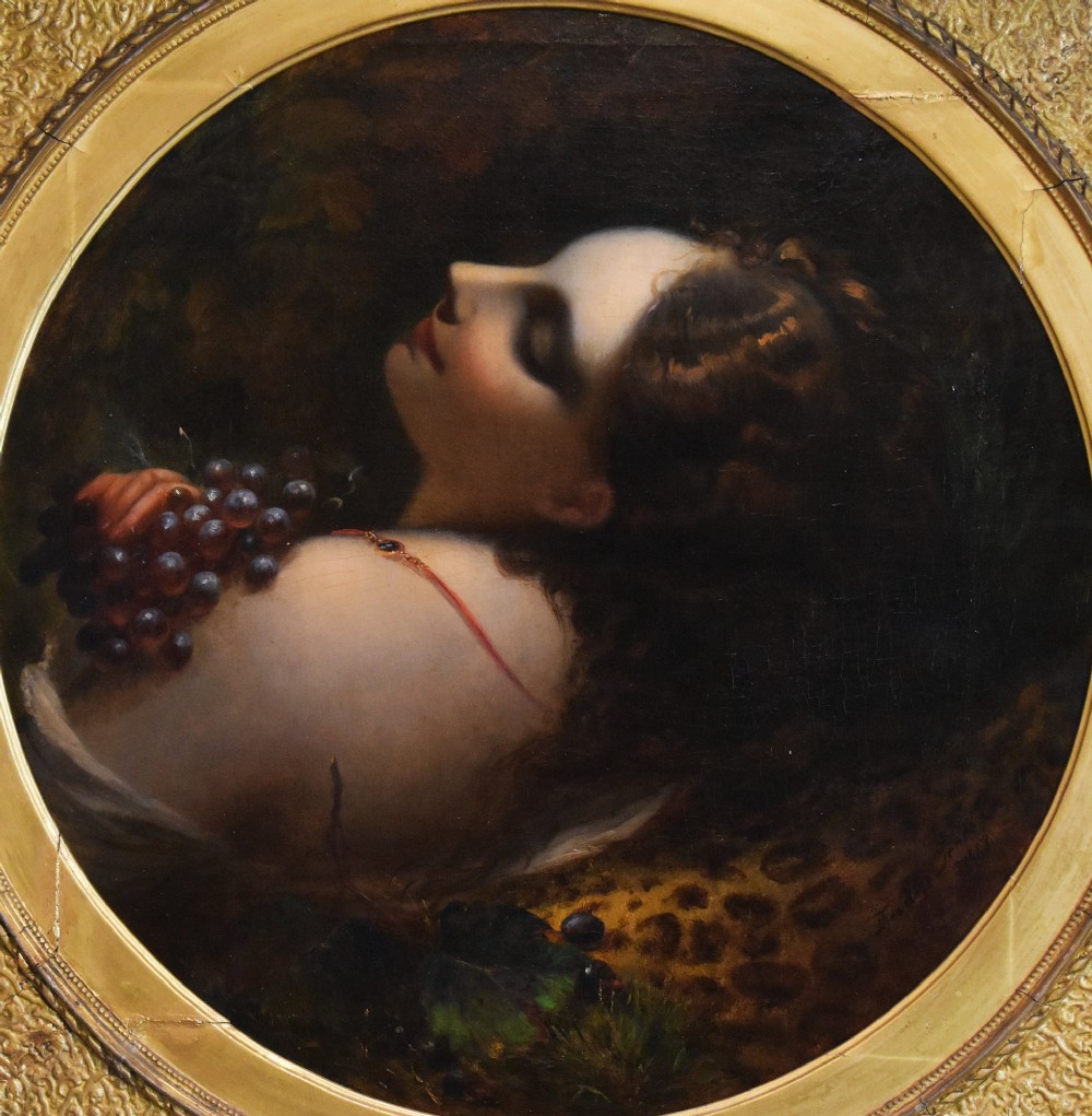 A pair of 19th-century oil paintings depicting classical female figures in circular apertures within square gilt frames. View VIII