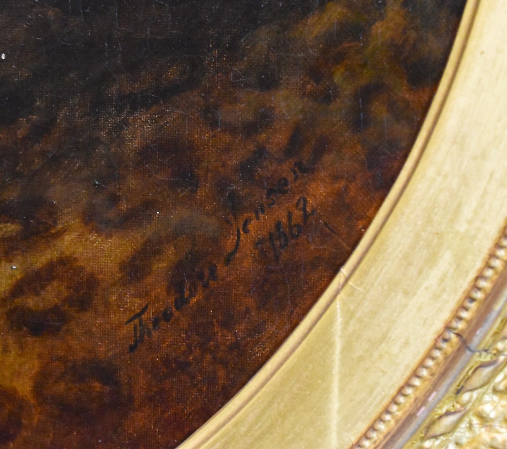 A pair of 19th-century oil paintings depicting classical female figures in circular apertures within square gilt frames. View IX