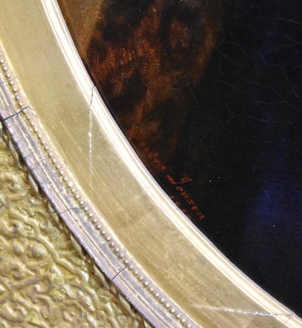 A pair of 19th-century oil paintings depicting classical female figures in circular apertures within square gilt frames. View X