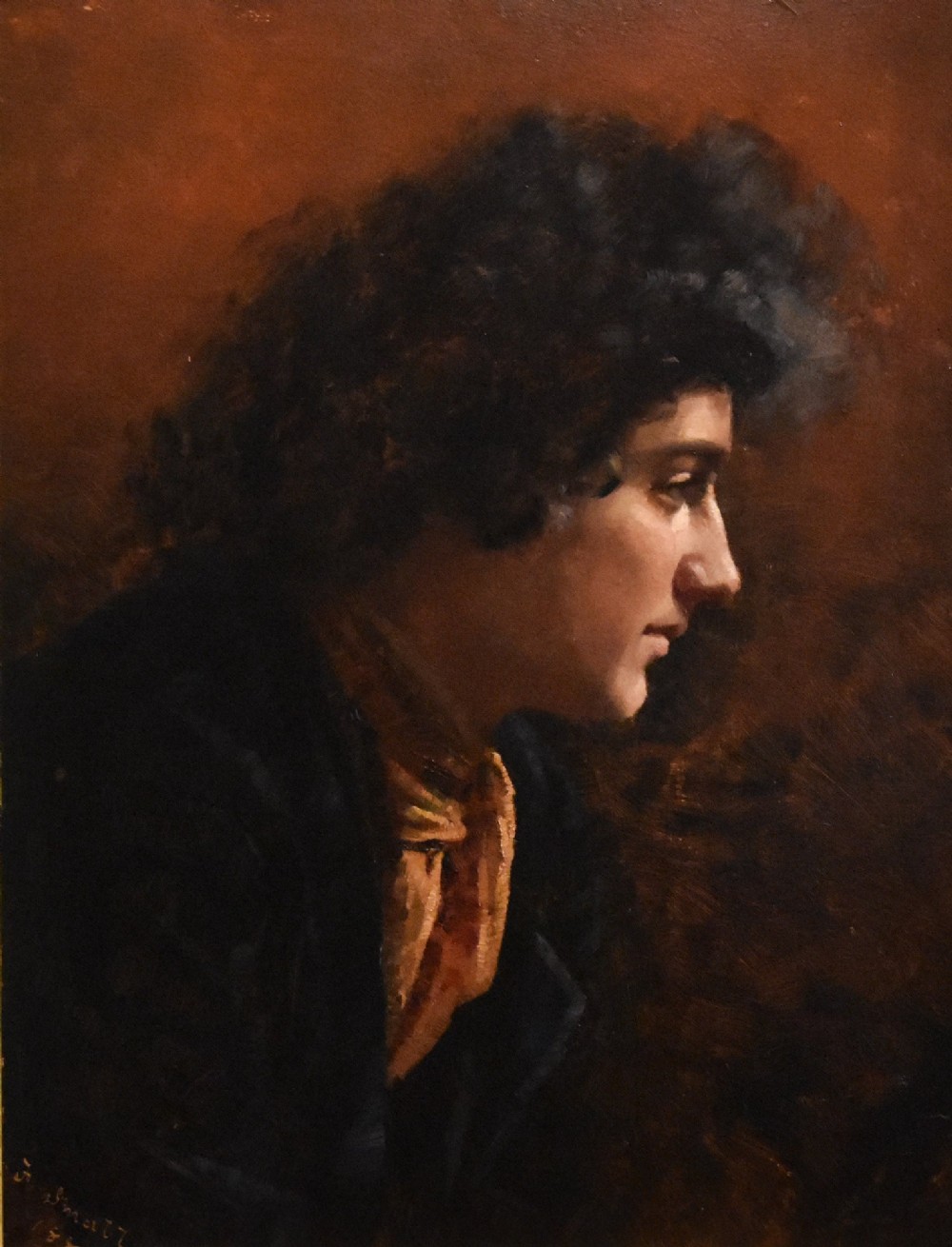 An antique Victorian profile oil painting depicting a figure with dark curly hair set within an ornate gilded frame. View IV