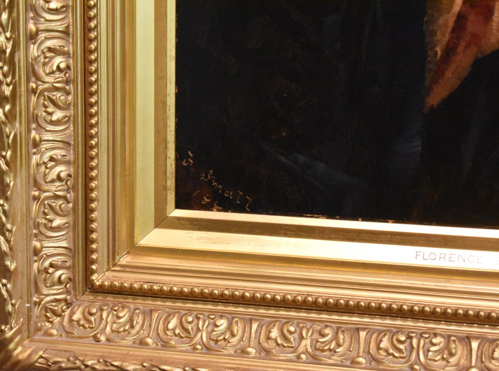 An antique Victorian profile oil painting depicting a figure with dark curly hair set within an ornate gilded frame. View V