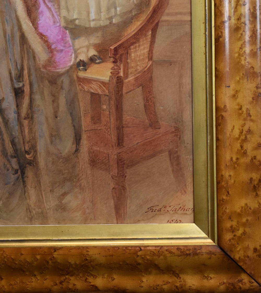 A mid-19th-century watercolour portrait depicting a mother with two young children, presented in a birds eye maple frame with a gold slip. View VI