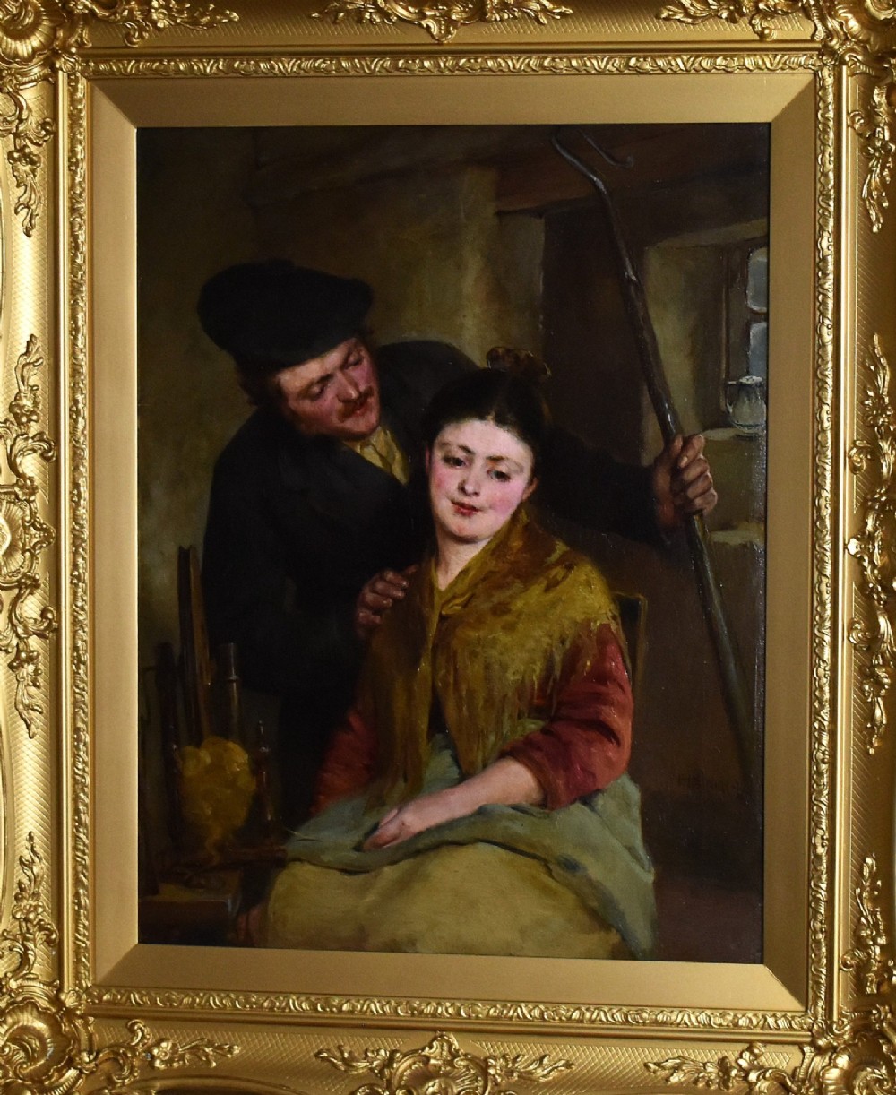 A 19th-century genre oil painting in an ornate gilt frame depicting a seated woman wearing a yellow shawl with a standing man behind her inside a rustic interior. View III