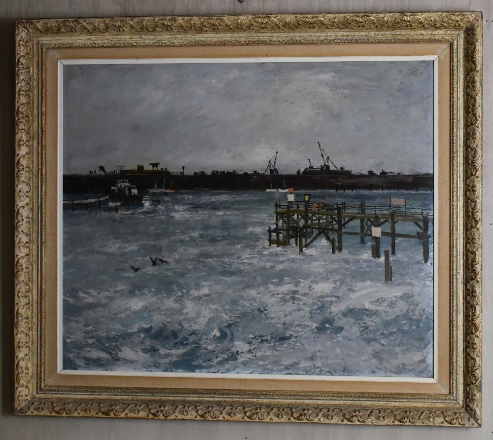 A framed oil painting depicting a grey and blue coastal harbour scene with choppy waters, a wooden pier, and ships on the horizon. View II