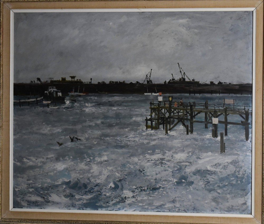 A framed oil painting depicting a grey and blue coastal harbour scene with choppy waters, a wooden pier, and ships on the horizon. View III