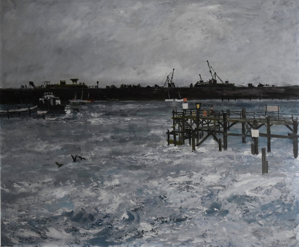 A framed oil painting depicting a grey and blue coastal harbour scene with choppy waters, a wooden pier, and ships on the horizon. View IV