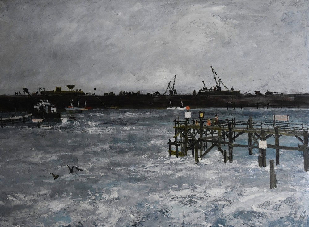 A framed oil painting depicting a grey and blue coastal harbour scene with choppy waters, a wooden pier, and ships on the horizon. View V