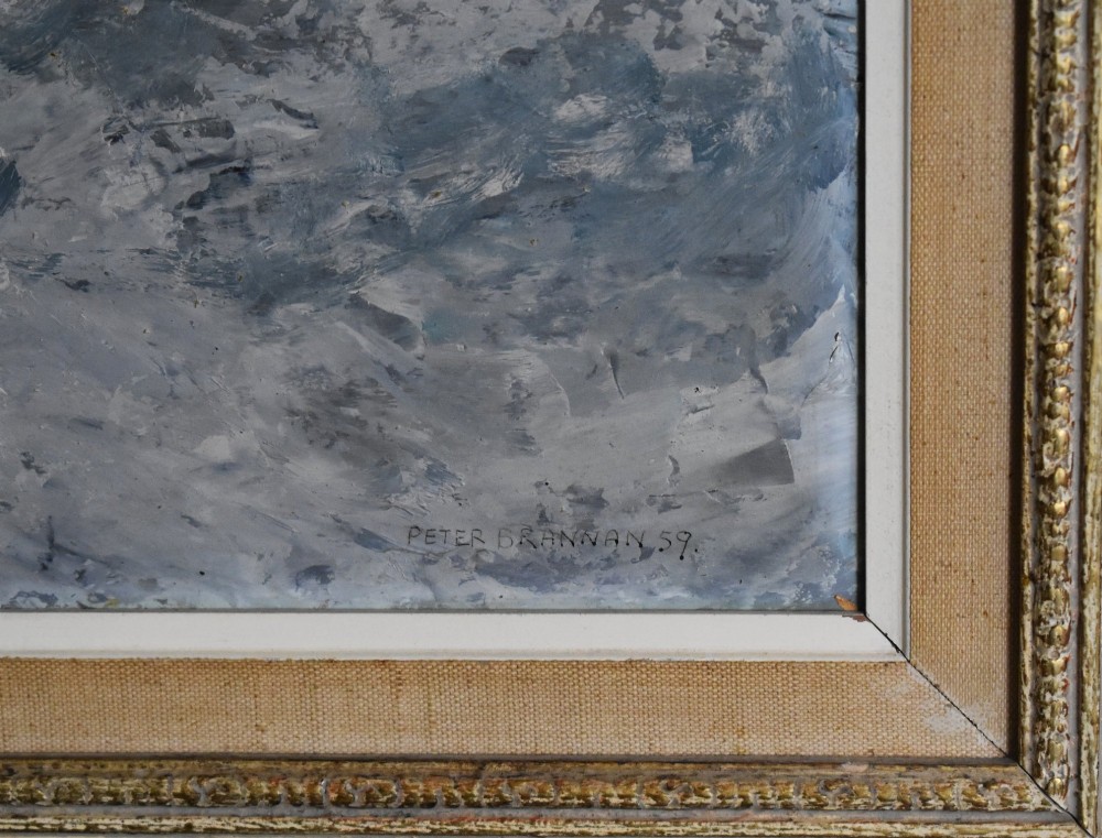 A framed oil painting depicting a grey and blue coastal harbour scene with choppy waters, a wooden pier, and ships on the horizon. View VI