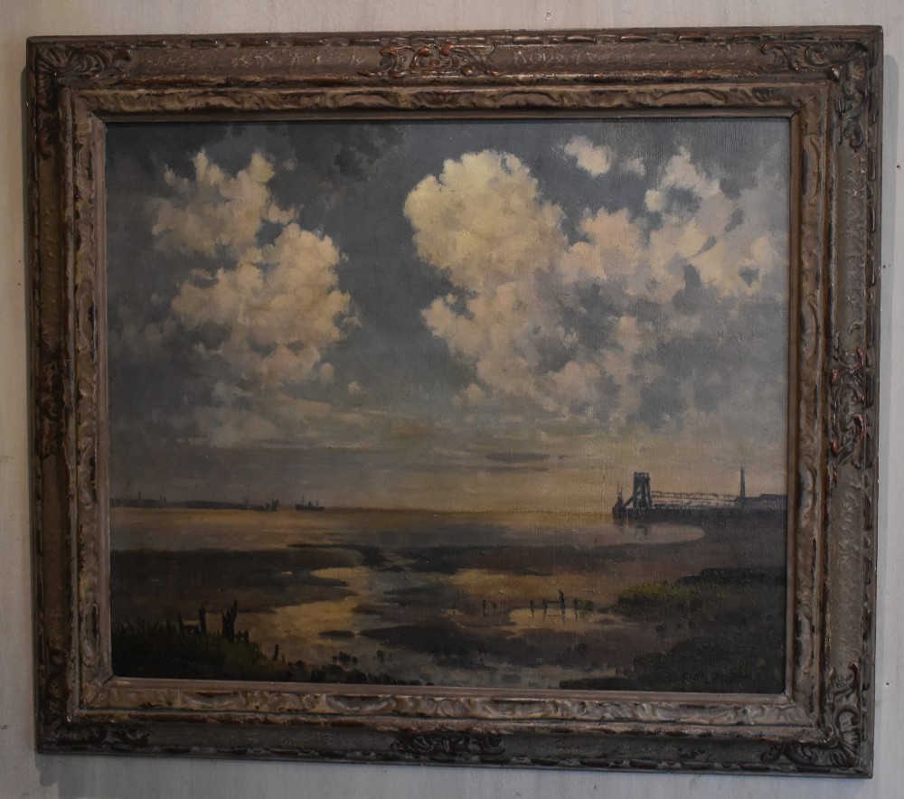 A framed oil painting on canvas depicting a coastal harbour scene at low tide under a cloudy sky. View II