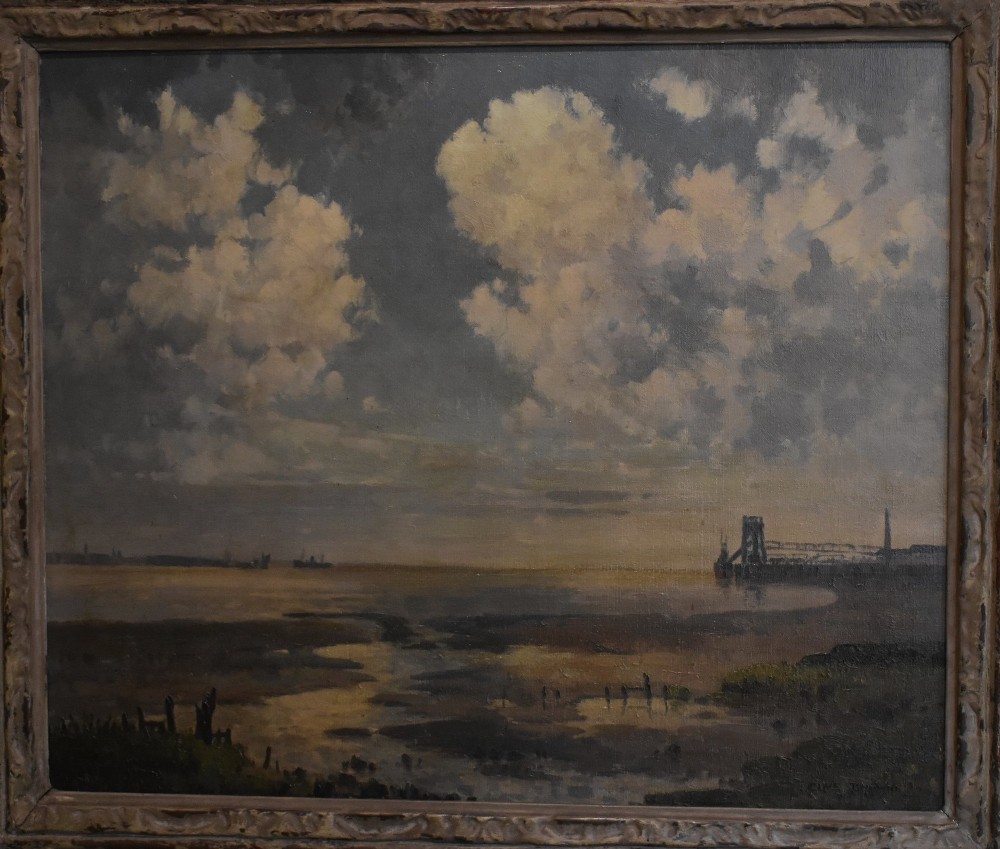A framed oil painting on canvas depicting a coastal harbour scene at low tide under a cloudy sky. View III
