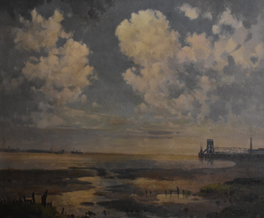 A framed oil painting on canvas depicting a coastal harbour scene at low tide under a cloudy sky. View IV