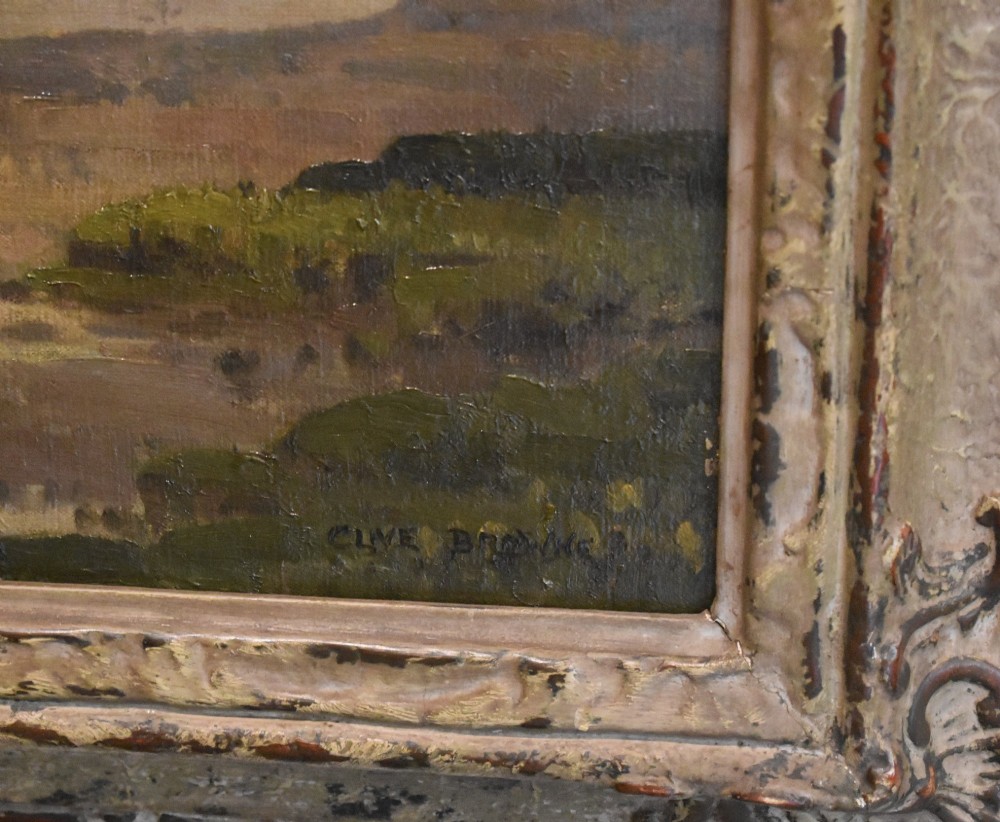 A framed oil painting on canvas depicting a coastal harbour scene at low tide under a cloudy sky. View V