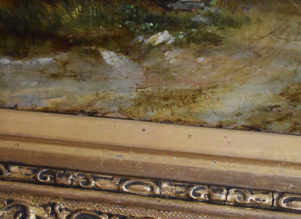 A nineteenth-century Victorian oil painting depicting a river scene with a stone arch bridge and distant mountains, housed within an ornate gilded frame. View V