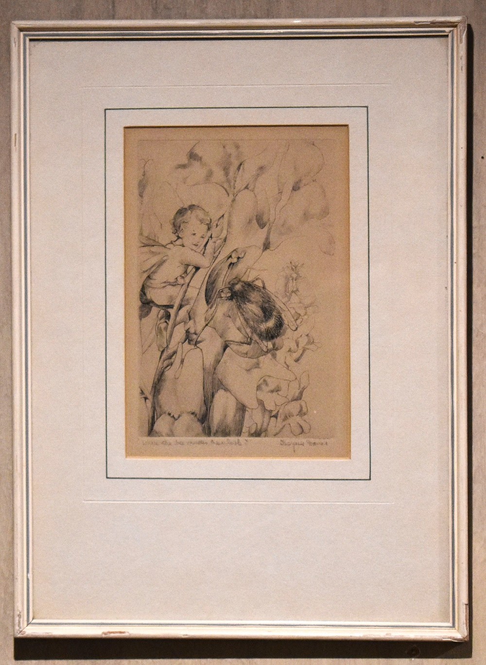 A pair of vertically stacked framed monochrome prints depicting illustrated scenes from Shakespeares The Tempest set within cream mounts and thin light frames. View III