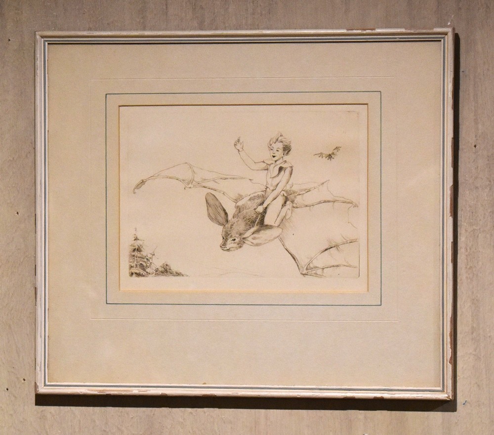 A pair of vertically stacked framed monochrome prints depicting illustrated scenes from Shakespeares The Tempest set within cream mounts and thin light frames. View VI