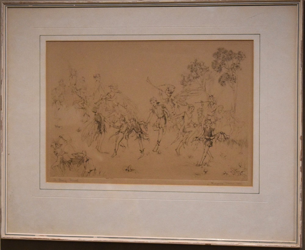 A framed sepia print depicting figures of fairies dancing and playing instruments in a grassy woodland, presented with a cream double mount and a thin painted frame. View II
