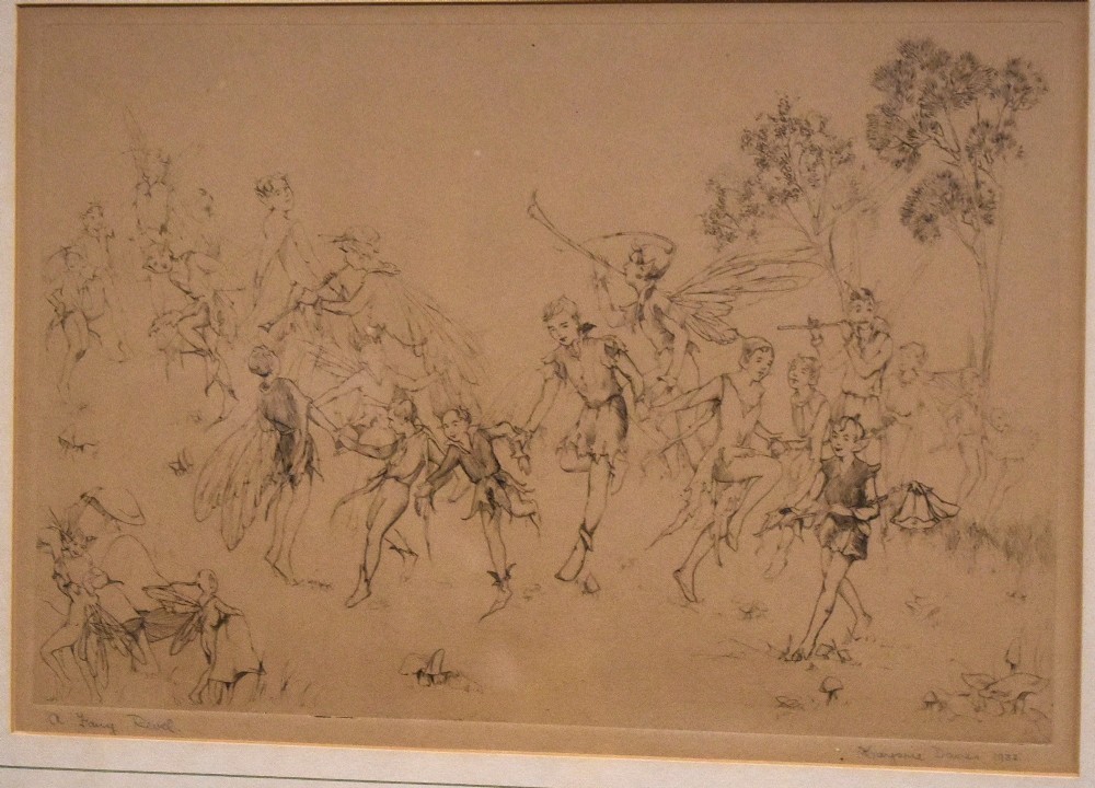 A framed sepia print depicting figures of fairies dancing and playing instruments in a grassy woodland, presented with a cream double mount and a thin painted frame. View III