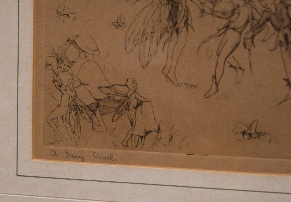 A framed sepia print depicting figures of fairies dancing and playing instruments in a grassy woodland, presented with a cream double mount and a thin painted frame. View IV