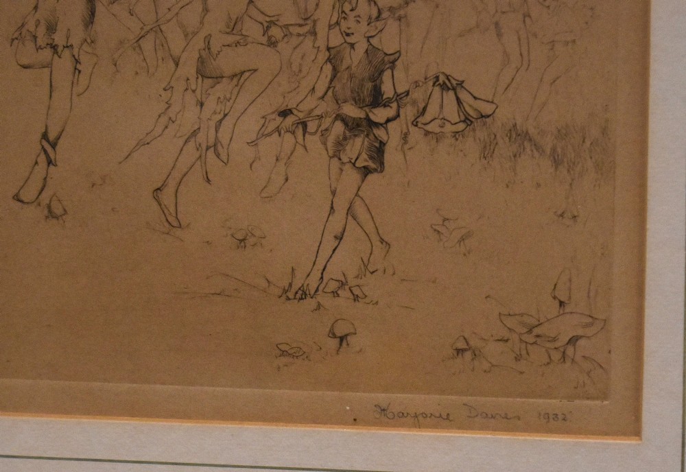 A framed sepia print depicting figures of fairies dancing and playing instruments in a grassy woodland, presented with a cream double mount and a thin painted frame. View V
