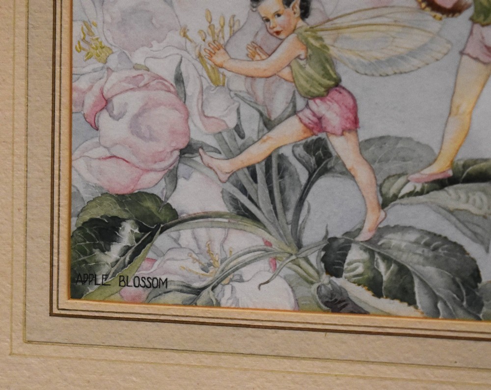 A framed watercolour painting titled Apple Blossom by Marjorie L Davies depicting two winged fairies and a bumblebee among apple blossoms. View IV