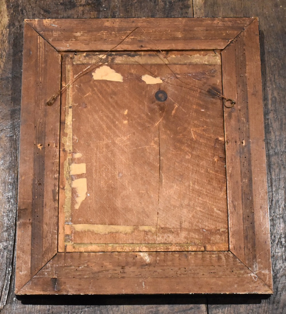 An oil painting portrait depicting a man with a moustache and white collar set within a dark moulded wood frame. View V